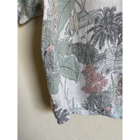 artisanNY 100% Linen Size Large Button Up Collared Cropped Short Sleeve Tropical - Picture 6 of 9